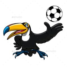 a cartoon toucan bird with a soccer ball in its beak - animals characters