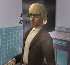 a man in a suit and sunglasses standing next to a sink