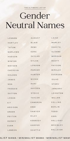 the ultimate list of genderal names for men and women in white text on a beige background