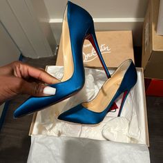 Gently Worn. Dust Bags And Box Included. So Kate, Shoes Blue, Blue Satin, Louboutin Shoes, Blue Shoes, Christian Louboutin Shoes, Shoes Women Heels, Christian Louboutin, Dust Bag