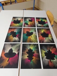 four different pictures of leaves on a table with chairs in the backgroung