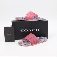 Coach Women's Udele Signature Slide Sandal - Color: Orchid - Brand New - Color: Orchid/Orchid - Slip On Slide Sandal - Signature C Printed Band - Floral Printed Food Bed - Molded Foot Bed For Comfort - Rubber Sole - Heel Height Approximately 1" Summer Pink Synthetic Slides, Summer Slides With Branded Insole In Synthetic Material, Pink Flat Heel Slides For Summer, Multicolor Cushioned Slides For Spring, Pink Flat Slides With Textured Footbed, Coach Casual Slip-on Sandals, Pink Synthetic Slides With Flat Heel, Pink Flat Slides With Removable Insole, Coach Synthetic Sandals For Spring