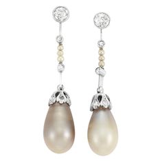 Lot 404 - Pair of Platinum, Diamond, Seed Pearl and Pearl Pendant Earrings, Gold Pendant Jewelry, Natural Pearl, Seed Pearl, Natural Pearls, Pearl Pendant, Pendant Earrings