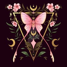 a pink butterfly sitting on top of a triangle with flowers and crescents around it