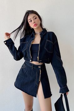 Item Type: CoatMaterial: DenimCollar: LapelSleeve Length: Long SleeveColor: Black. WhiteSize: S.M.L Size(cm) Coat Length Sleeve Length Bust Shoulder Width S 38 55 98 49 M 39 55 100 50 L 40 56 102 50 Item Type: SkirtMaterial: DenimWaist: High WaistColor: Black. WhiteSize: S.M.L Size(cm) Skirt Length Waist S 36 66 M 36 70 L 37 74 Edgy Fitted Denim Skirt For Fall, Trendy High-waist Outerwear With Pockets, Edgy Denim Skirt In Dark Wash For Fall, Edgy Dark Wash Denim Skirt For Fall, Spring Denim Skirt With Pockets For Night Out, Spring Denim Skirt For Night Out With Pockets, Denim Long Sleeve Jacket For Night Out, Edgy Long Sleeve Denim Jacket For Work, Fitted Long Sleeve Denim Jacket For Night Out