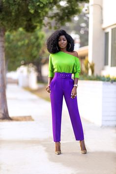 Purple Trousers Outfit, Green And Purple Outfit, Purple Pants Outfit, Off Shoulder Knit Top, Lavender Outfit, New Look Fashion, Outfit Inspiration Women