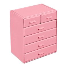 a pink dresser with five drawers on each drawer