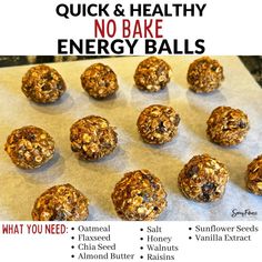 no bake energy balls on a baking sheet with the words quick & healthy no bake energy balls