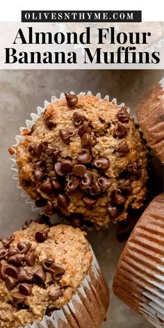 two banana muffins with chocolate chips on top and text overlay reading almond flour banana muffins