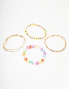 Let your little one's express themselves with our selection of vibrant kids accessories! This four pack of friendship bracelets features a collection of rainbow coloured beaded bracelets, perfect for pairing with their besties! Dimensions: Length Adjustable (Stretchy) Weight: 17.8g | Lovisa Kids Smiley Rainbow Stretchy Friendship Bracelet Pack, Gold Personalized Cute Rainbow Bracelets, Personalized Rainbow Bracelets Playful Style, Personalized Rainbow Beaded Bracelets, Playful Pink Name Bracelet With Letter Beads, Personalized Playful Rainbow Bracelets, Bracelet Pack, Word Bracelet, Heart For Kids, Favorite Rings