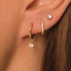 Dainty Everyday Earring Gift Set DETAILS: * Sterling Silver & 18K Gold Vermeil (strong plating over sterling silver) * A (hoop) - inner diameter - 9mm, length - 18mm * B (pave hoop) - inner diameter - 7mm * C (stud) - 3mm with butterfly backings * Nickel and lead free * Waterproof  * Tarnish resistant  * Hypoallergenic  * Lightweight * Can be worn 24/7 Each design sold as a pair (2 earrings) All earrings: https://www.etsy.com/shop/KaterynasJewelry?search_query=earrings Earring Ear Ideas, Ear With 3 Piercings, 3 Hoops Earrings, 4 Earrings In One Ear, Earring Sets For 2 Piercings, 3 Rd Piercing, Earring Stack Sets, Triple Earings Piercings, 3 Set Earrings Ideas