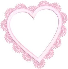 a pink heart shaped frame with lace trimming around the edges on a white background