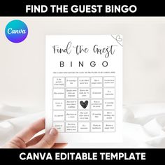 a hand holding up a game card with the words find the guest bingo on it