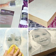 four different pictures showing how to paint canvass with acrylic paints and glue