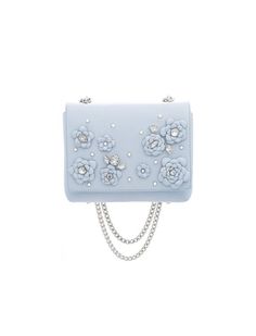 Sky blue  Woman bag from CAMELLIA collection. Limited edition Blue Leather Bag with Silver plated chain and Real Swarovski Crystals. Bag can be worn in three ways - as crossbody bag, as shoulder bag and - double chain for handbag! This high quality leather bag is made by Anna Kruz, Baltic Designer.*Free EXPRESS SHIPPING worldwide, carefully packed in beautiful black box with dust bag - ready gift!Designer leather bag is made of real high quality lambskin leather that is produced in the best Ital Mint Bag, Crystals Blue, Blue Shoulder Bag, Blue Woman, Blue Leather Bag, Designer Leather Bags, Woman Bag, Bag Summer, Flower Bag