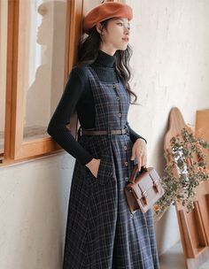 Button Up Plaid Pinafore Dress (2 Colors) Dress Over Sweater, Autumn Dress Outfit, Plaid Dress Vintage, Knit Plaid, Cottagecore Fashion, Expensive Clothes, Fall Dress Outfit, Autumn Outfits, Autumn Dress