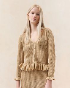 Shop the Birdie Tan Cardigan at Loefflerrandall.com Tan Crochet, Tan Cardigan, Butter Yellow, Crochet Skirt, V Neck Cardigan, Sweater Set, Beach Days, British Indian, Birdy