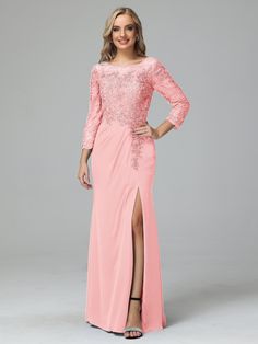 a woman in a long pink dress with a slited skirt and sheer lace on the side