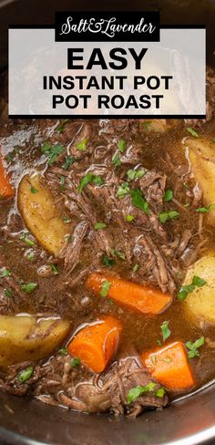 beef stew with potatoes and carrots in a pot on the stove text overlay says easy instant pot roast