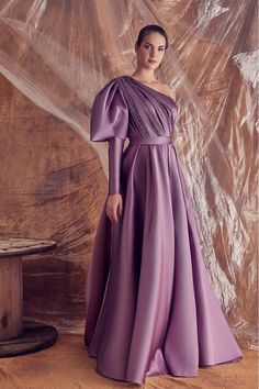 One shoulder draped dress featuring beaded bust and puffed lon sleeves - HerTrove One Shoulder Drape Dress, Award Show Dresses, Puffed Long Sleeves, Midi Dress Style, Cocktail Gowns, Chiffon Midi Dress, Beaded Bodice, Long Midi Dress, A Line Gown