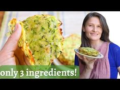 a woman holding a piece of food in her hand with the words only 3 ingredients on it