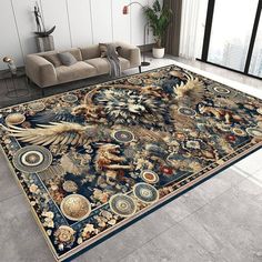 a living room with a large rug on the floor