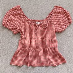 New With Tag In Excellent Condition Size Large Msrp: $65.00 Casual Plaid Blouse For Picnic, Summer Casual Tops With Grid Pattern, Casual Summer Tops With Grid Pattern, Casual Grid Pattern Tops For Summer, Keyhole Top, Cottagecore Fashion, Color Orange, Gingham, Madewell