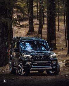 a black jeep is driving through the woods