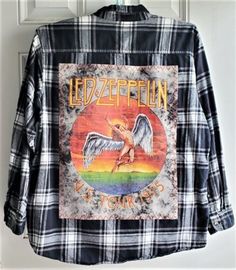 Upcycle Band Shirts, Upcycle Tshirt Ideas, Flannel Diy, Jacket Upcycle, Led Zeppelin Tee, Jacket Diy