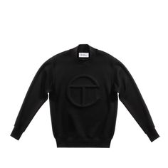 Embossed Mockneck - Black – shop.telfar Luxury Crew Neck Sweatshirt For Streetwear, Luxury Crew Neck Top With Ribbed Collar, Classic Logo Tops For Fall, Classic Solid Color Sweatshirt For Streetwear, Androgynous Outfits, Black Shop, Shopper Bag, Embossed Logo, Wearing Black