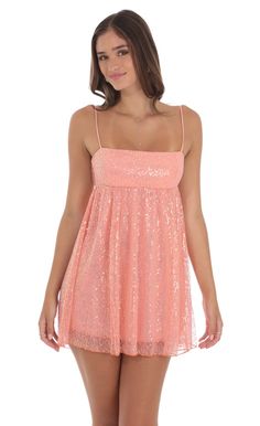 Sequin Mesh Babydoll Dress in Coral Mesh Babydoll Dress, 8th Grade Formal Dresses, Wide Leg Pants Jeans, Upf Clothing, School Dance Dresses, Casual Day Dresses, Straight Dress, Fabulous Dresses, Junior Bridesmaid Dresses