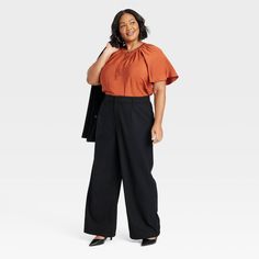 Make sure your office look stays on-trend with these High-Rise Wide Leg Trousers from Ava & Viv™. The high-rise trousers are made of lightweight woven fabric with added spandex for comfortable wear that moves with you. Complete with front and side pockets for functional flair, these high-rise trousers have a fly hook closure and back elastic to help keep them secure around the waist. Coordinate it with different tops, button-downs or blouse to create a range of outfits. Straight Trousers, Fleece Pants, Straight Leg Trousers, Tailored Trousers, Womens Clothing Sizes, Pull On Pants, Bottom Clothes, Wide Leg Trousers, Bottoms Pants