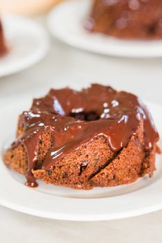 a chocolate bundt cake sitting on top of a white plate covered in frosting