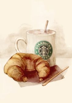 there is a coffee cup with a croissant on it and the words good morning have a blessed day