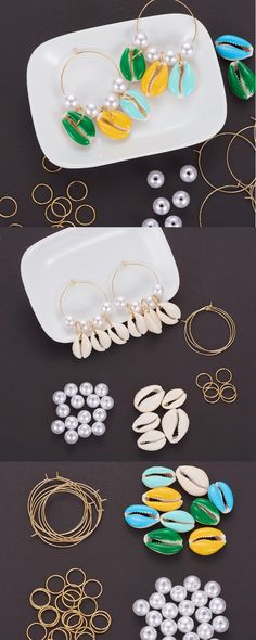 several different types of bracelets and rings on a plate with pearls, beads, and other jewelry items