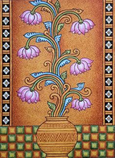 a painting of flowers in a vase on a tile wall with an ornate border around it