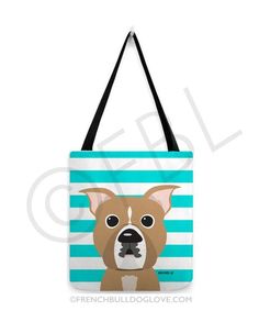 a blue and white striped tote bag with a dog's face on it