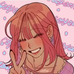 a drawing of a girl with pink hair and piercings on her ears, making the peace sign