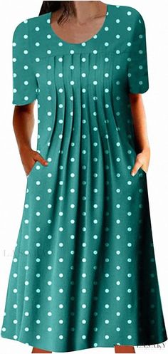 Lasaky - Casual Round Neck A-Line Polka Dot Midi Dress Polka Dot Midi Dress, Irregular Hem, Home Dress, Types Of Skirts, Types Of Collars, Evening Gowns, Light Green, Polka Dot, Types Of Sleeves