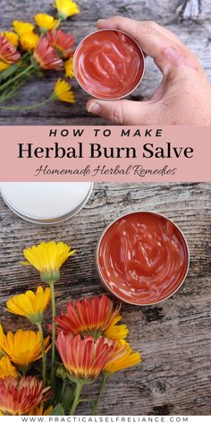 how to make herb burn salve with flowers in the background and text overlay