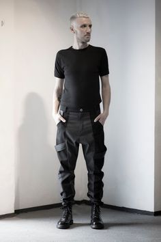 Dark gray & black pants designed with fake leather stripes, pockets front and back. Normal wash. Collection 'DISTRESSOR' Spring '21 Modern Black Bottoms With Cargo Pockets, Avant-garde Black Pants For Streetwear, Futuristic Fitted Bottoms For Streetwear, Fitted Cyberpunk Bottoms With Pockets, Alternative Men, Apocalyptic Clothing, Unique Jackets, Men Street Fashion, Fun Pants