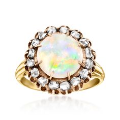 Ross-Simons - C. 1950 Vintage Opal, .75ct t. w. Diamond Ring Round Cut in 10kt Two-Tone Gold. Size 6. C. 1950. Swirling with sensational play of color, this beautiful Estate collection cocktail ring dates back to the Retro era and spotlights a stunning 10mm round opal cabochon haloed by .75 ct. t. w. round rose-cut diamonds. Finely crafted in polished 10kt yellow and rose gold. 5/8" wide. Diamond and opal ring. Exclusive, one-of-a-kind Estate Jewelry. Opal birthstones are the perfect gift for Oc Diamond Anklet, Italian Gold Jewelry, Mixed Metal Bracelets, Antique Jewelry Rings, Opal Birthstone, Jewelry Opal, Pearl Strands Necklace, Pearl Anklet, Retro Era