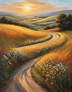 an oil painting of a country road leading to the setting sun over rolling hills with wildflowers