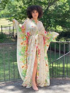 Beige Long Sleeve Tie-front Multicolor Floral Print Sheer Chiffon Kimono Maxi Kaftan Dress Material: Chiffon Color: Multi Pattern Type: Floral Fabric: Fabric has no stretch Ankara Maxi Dress, Chiffon Kaftan, Kimono Maxi Dress, Beige Long Sleeve, Maxi Kaftan, Chiffon Kimono, Maxi Cardigan, Ankara Dress, Sheer Chiffon