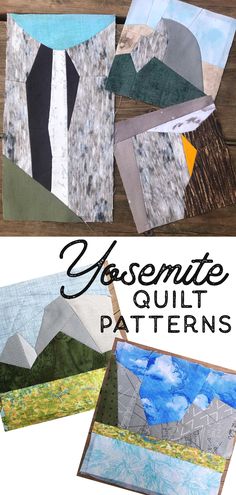 several different pieces of paper with the words yosemite quilt patterns on them and an image