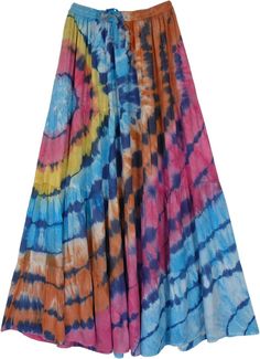 A multicolored seismic effect tie-dyed long skirt in soft and smooth rayon fabric.  This skirt has a comfortable elastic waist with a drawstring that provides sizing flexibility, and the 4-tier construction gives it a decent flowy look. #tlb #TieredSkirt #vacationclothing #beachwrap #TieDye #tiedyeskirt #summerskirt Casual Multicolor Flowy Maxi Skirt, Spring Tie-dye Tiered Skirt, Multicolor Flowy Skirted Bottoms, Multicolor Flowy Rayon Skirt, Bohemian Tie Dye Tiered Skirt, Flowy Multicolor Skirt With Elastic Waistband, Bohemian Tiered Tie Dye Skirt, Flowy Multicolor Bottoms For Festivals, Pngs Clothes