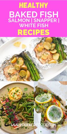 salmon, asparagus and lemons on foil with the words healthy baked fish