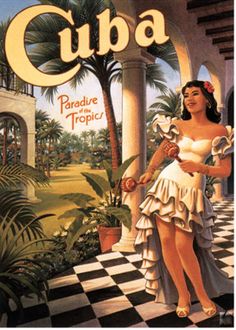 an advertisement for cuba featuring a woman in a white dress