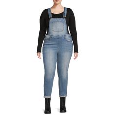 Dollhouse Juniors Plus Size Skinny Cuffed Denim Overalls are a fun update to the casual classic. Upgraded with a skinny silhouette, mid-rise waist and cuffed ankles, these overalls offer easygoing style and comfort you will love. Perfect for weekends with friends, finished with a fitted t-shirt and your favorite canvas sneakers. Size: 16W.  Color: Blue. Cheap Denim Blue Overalls, Jean Overall Outfits Plus Size, Cheap High-waisted Denim Overalls, Cheap Non-stretch Denim Blue Overalls, Denim 24/7 Plus Size Clothing, Overall Outfit, Plus Size Pants, Denim Overalls, Canvas Sneakers