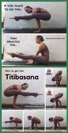 a woman doing yoga poses with the caption's above her head, and below it